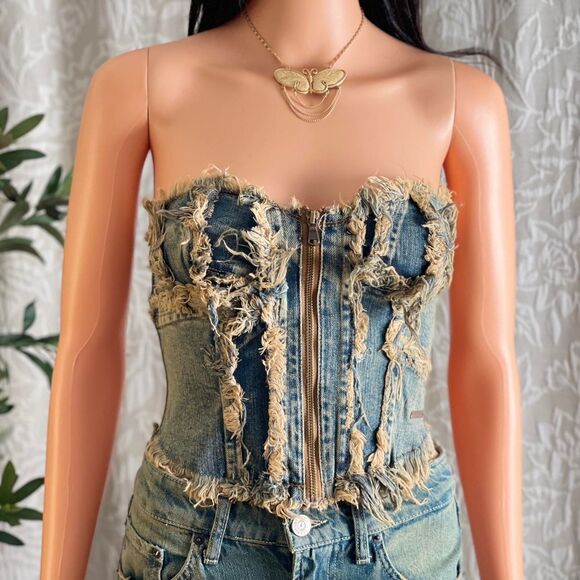 NWT BDG Jeans Urban Outfitters Distressed Dirty Wash Denim Grunge Corset Top - Picture 2 of 6